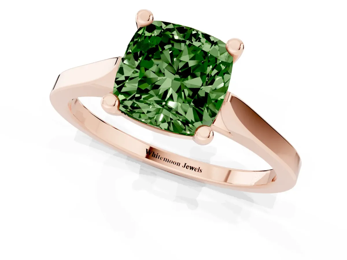 Fancy Green Cushion Cut Solitaire Diamond Ring with Four-Prong Setting and Tapered Band Rose gold
