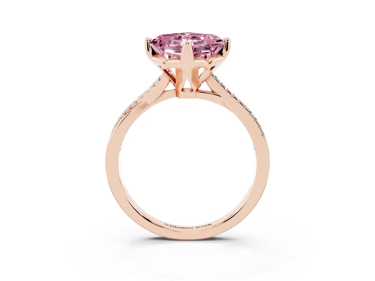 Fancy Pink Asscher Cut Solitaire Twist Band with Pavé Diamonds and Four-Prong Setting Rose gold