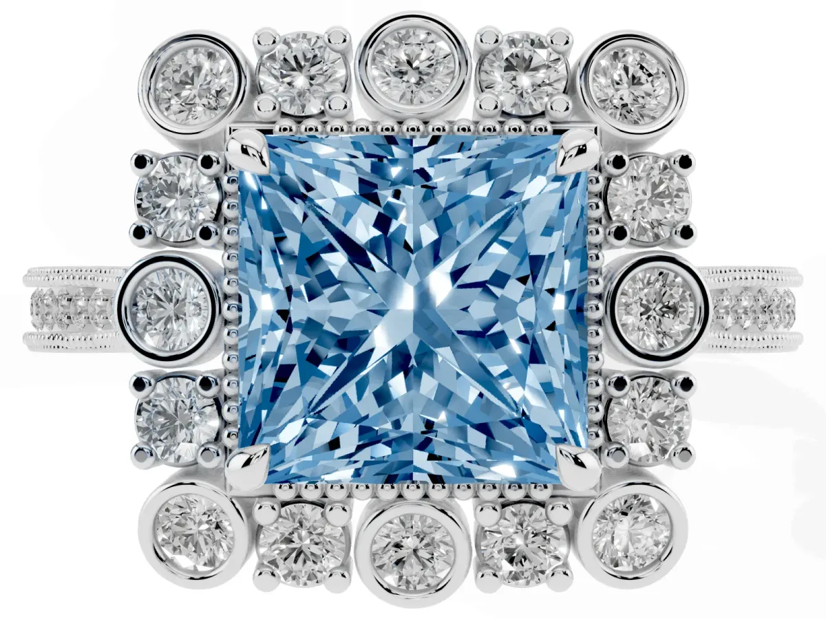 Fancy Blue Princess Cut Halo Milgrain Pave Diamond Ring with Four-Prong Setting Silver