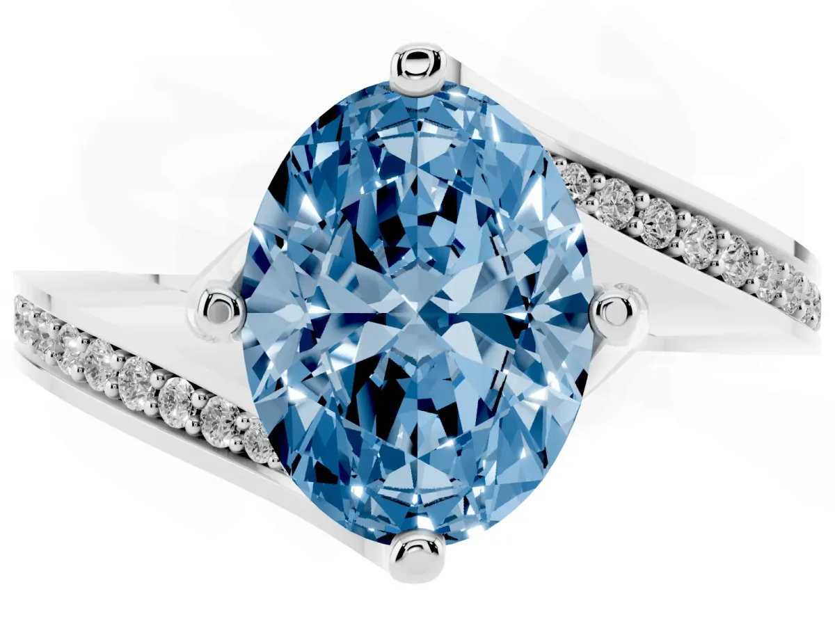 Fancy Blue Oval Cut Solitaire Diamond Twist Band with Pavé Setting and Four-Prong Setting Silver