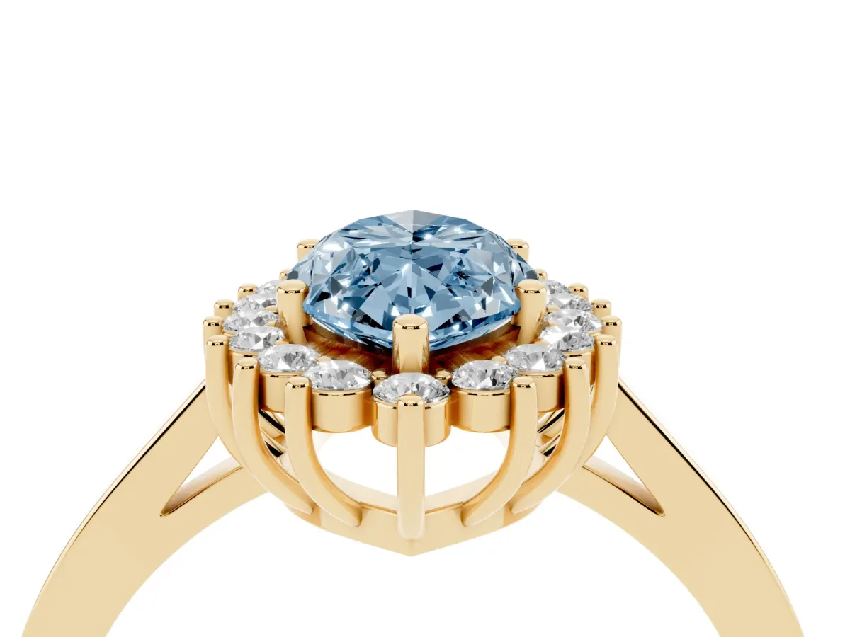 Fancy Blue Marquise Cut Cut Diamond Halo Ring with Round Brilliant Halo and Solitaire Band Yellow gold