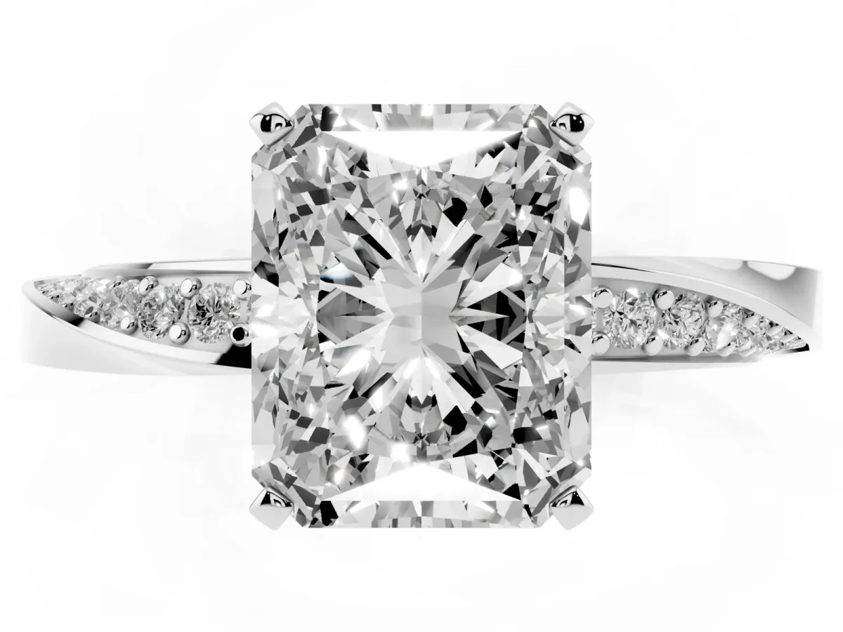 Radiant Cut Diamond Engagement Ring with Side Stone Accents and Four-Prong Setting Silver