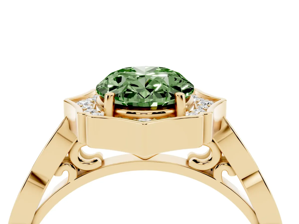 Fancy Green Oval Cut Halo Diamond Engagement Ring with Milgrain Band and Four-Prong Setting Yellow gold