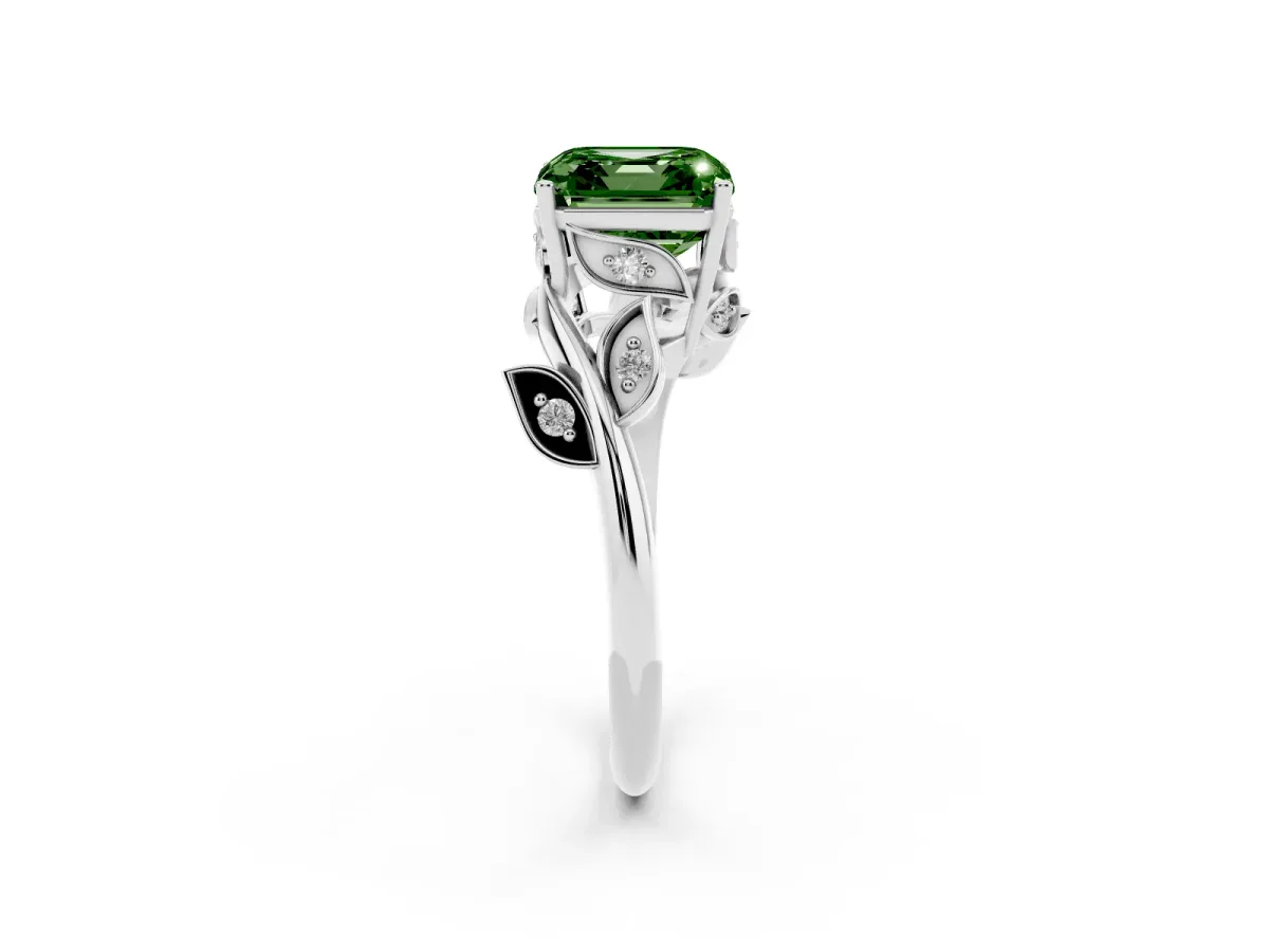 Fancy Green Asscher Cut Solitaire Twist Engagement Ring with Leaf Accents and Prong Setting Silver