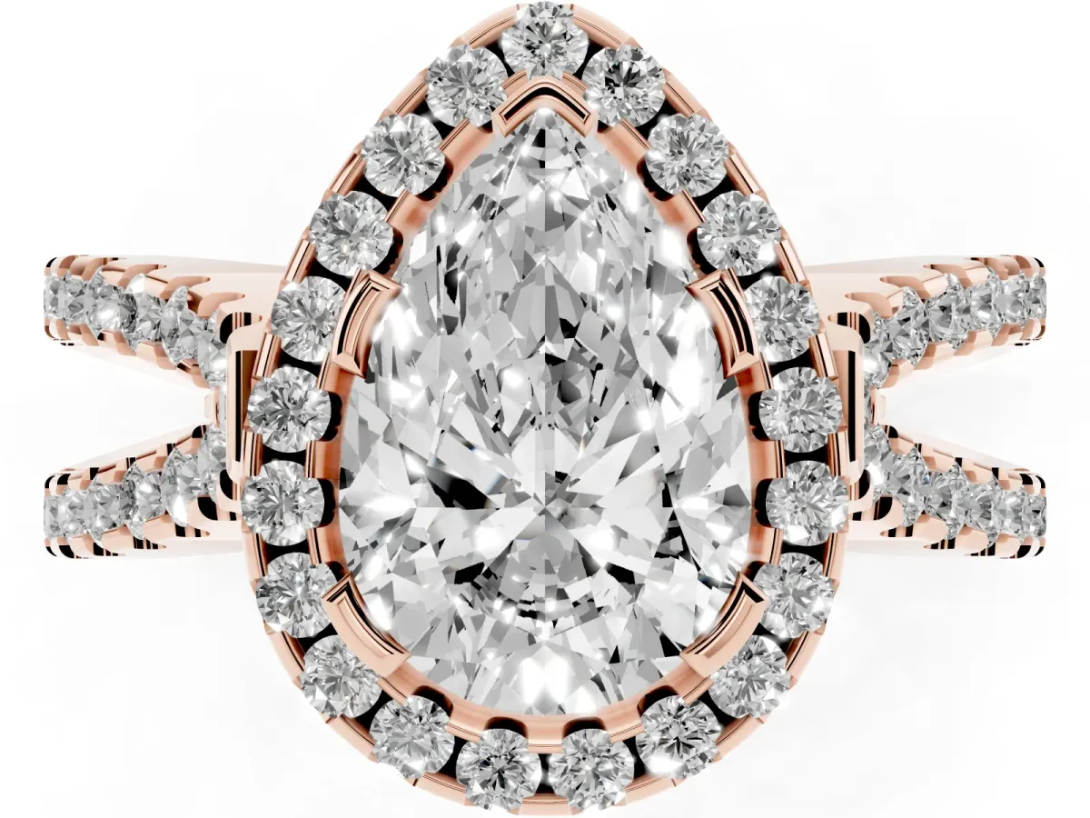 Pear Cut Diamond Halo Ring with Split Shank Pavé Band and Prong Setting Rose gold