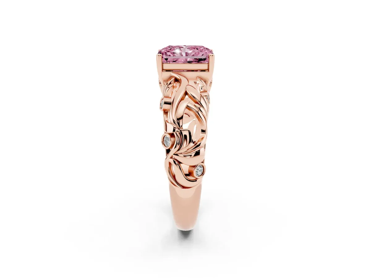 Fancy Pink Radiant Cut Solitaire Diamond Leaf-Inspired Vine Band Ring with Prong Setting Rose gold