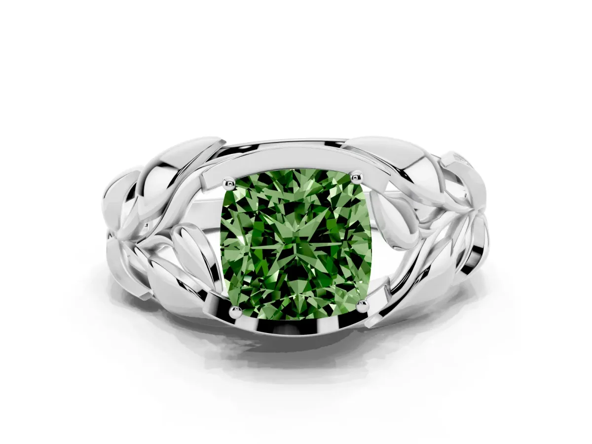 Fancy Green Cushion Cut Diamond Leaf-Inspired Engagement Ring with Round Accents and Prong Setting Platinum