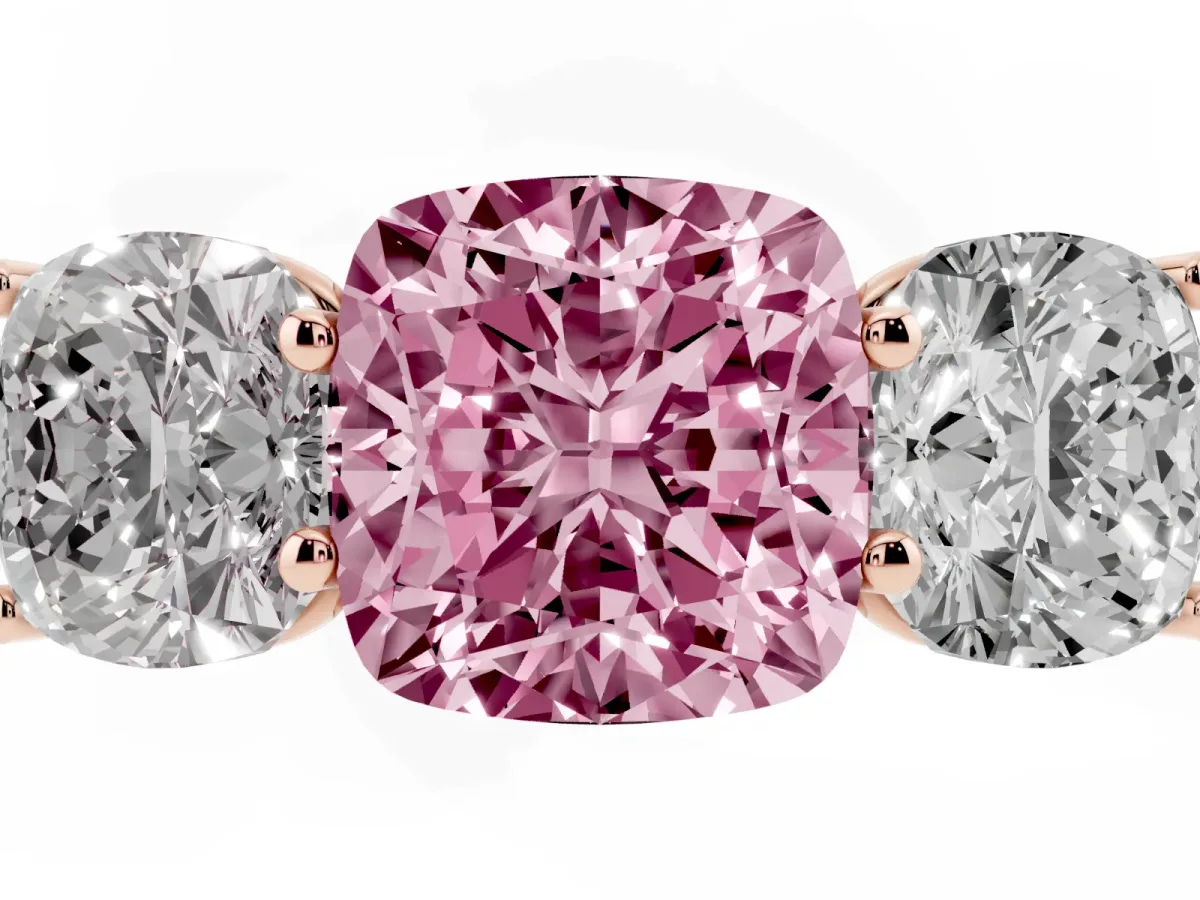 Fancy Pink Cushion Cut Three-Stone Diamond Ring with Prong Setting on a Classic Band Rose gold