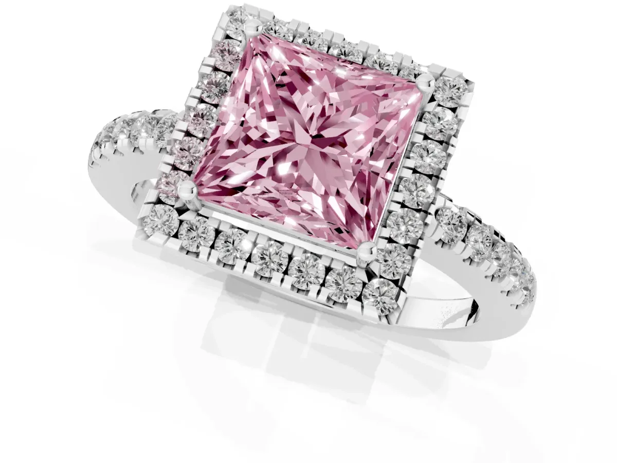 Fancy Pink Princess Cut Halo Diamond Engagement Ring with Pavé Band and Four-Prong Setting Silver