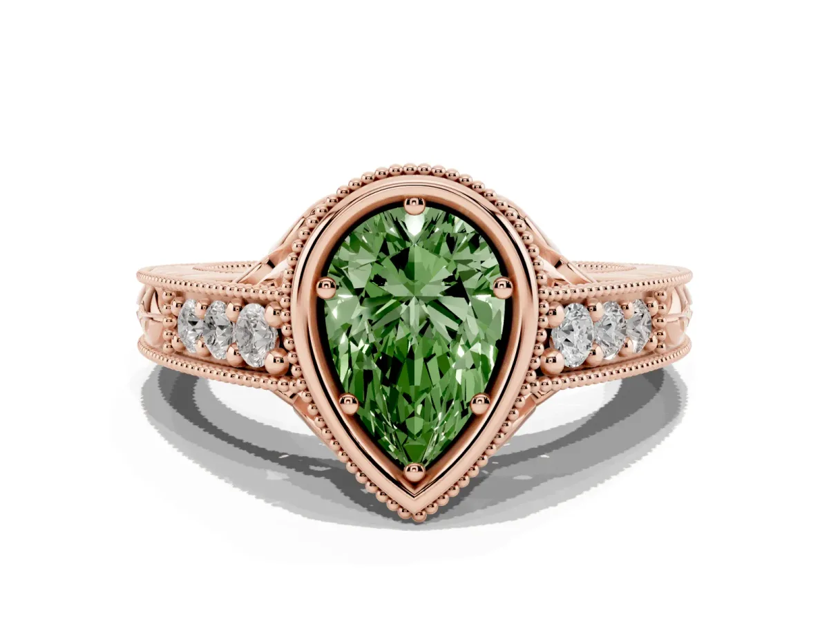 Fancy Green Bezel Set Pear Cut Diamond Milgrain Pave Engagement Ring Rose gold