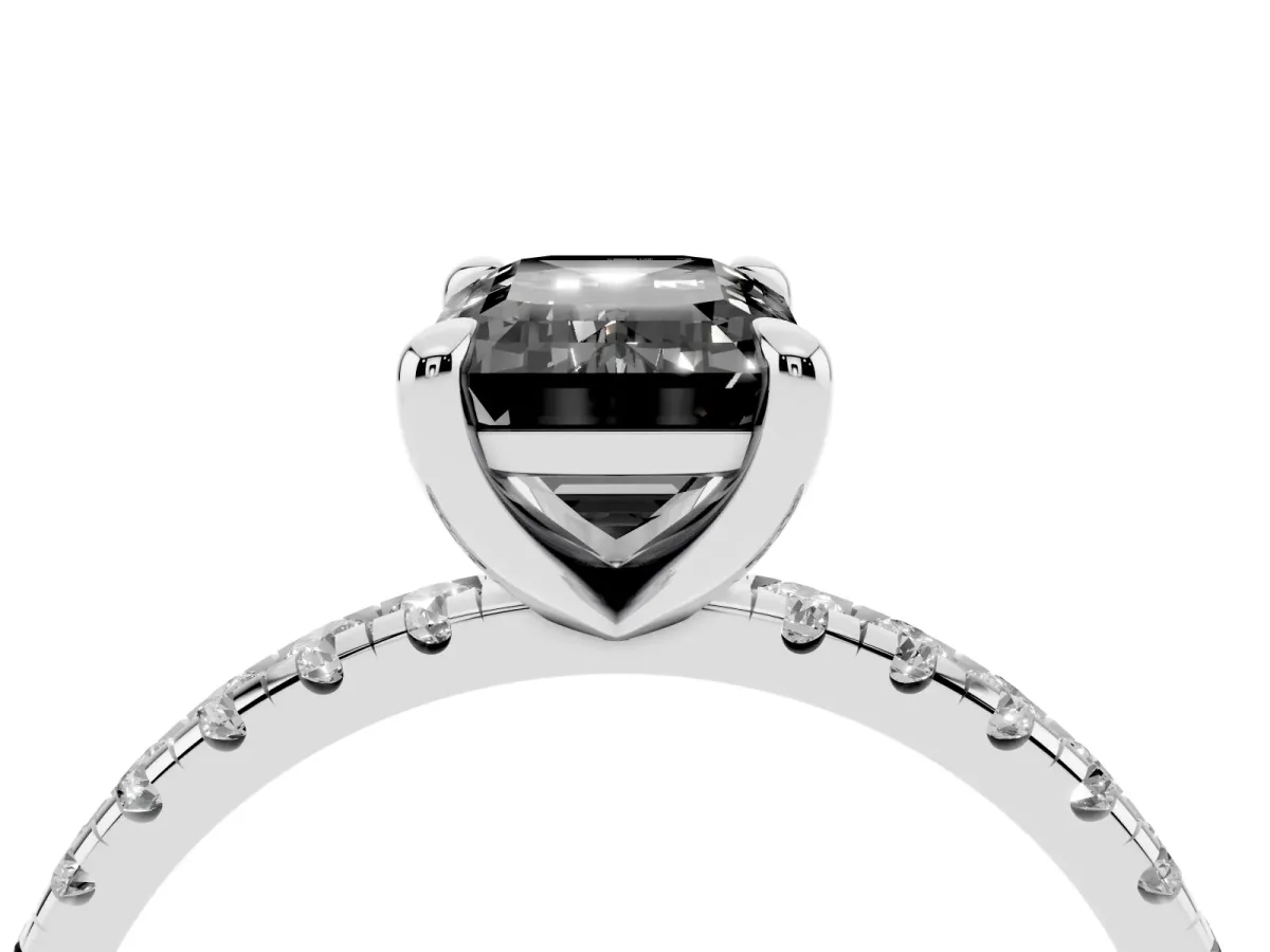 Fancy Black Emerald Cut Diamond Brilliant Solitaire Ring with Pavé Band and Four-Prong Setting Platinum