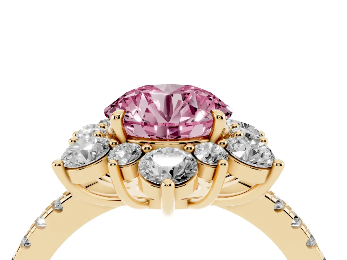 Fancy Pink Round Cut Diamond Floral Halo Ring with Round Pavé Band and Prong Setting Yellow gold