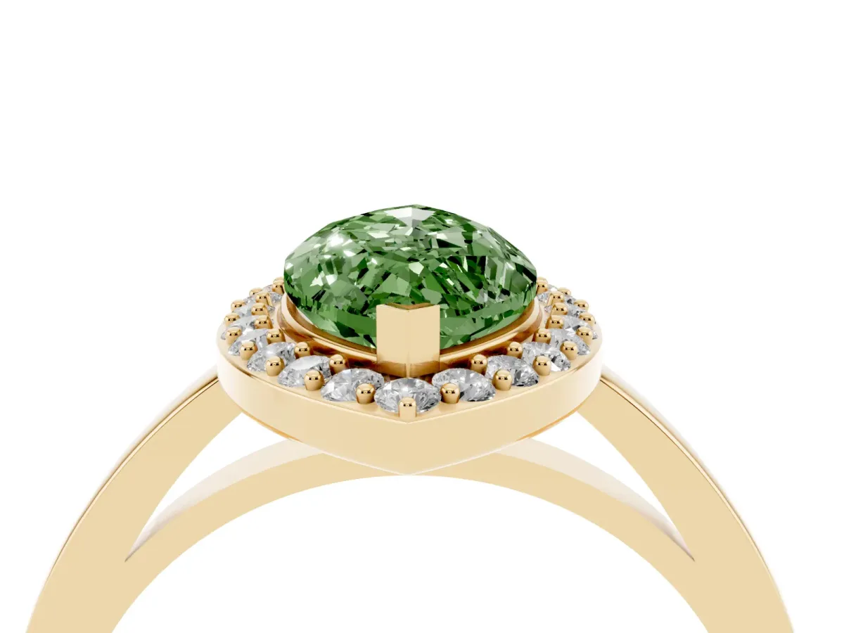 Fancy Green Marquise Cut Halo Diamond Ring with Solitaire Band and Prong Setting Yellow gold