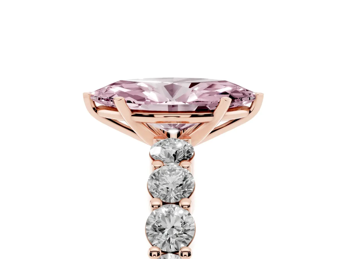 Fancy Pink Marquise Cut Diamond Solitaire Ring with Shared Prong Round Side Stones Rose gold