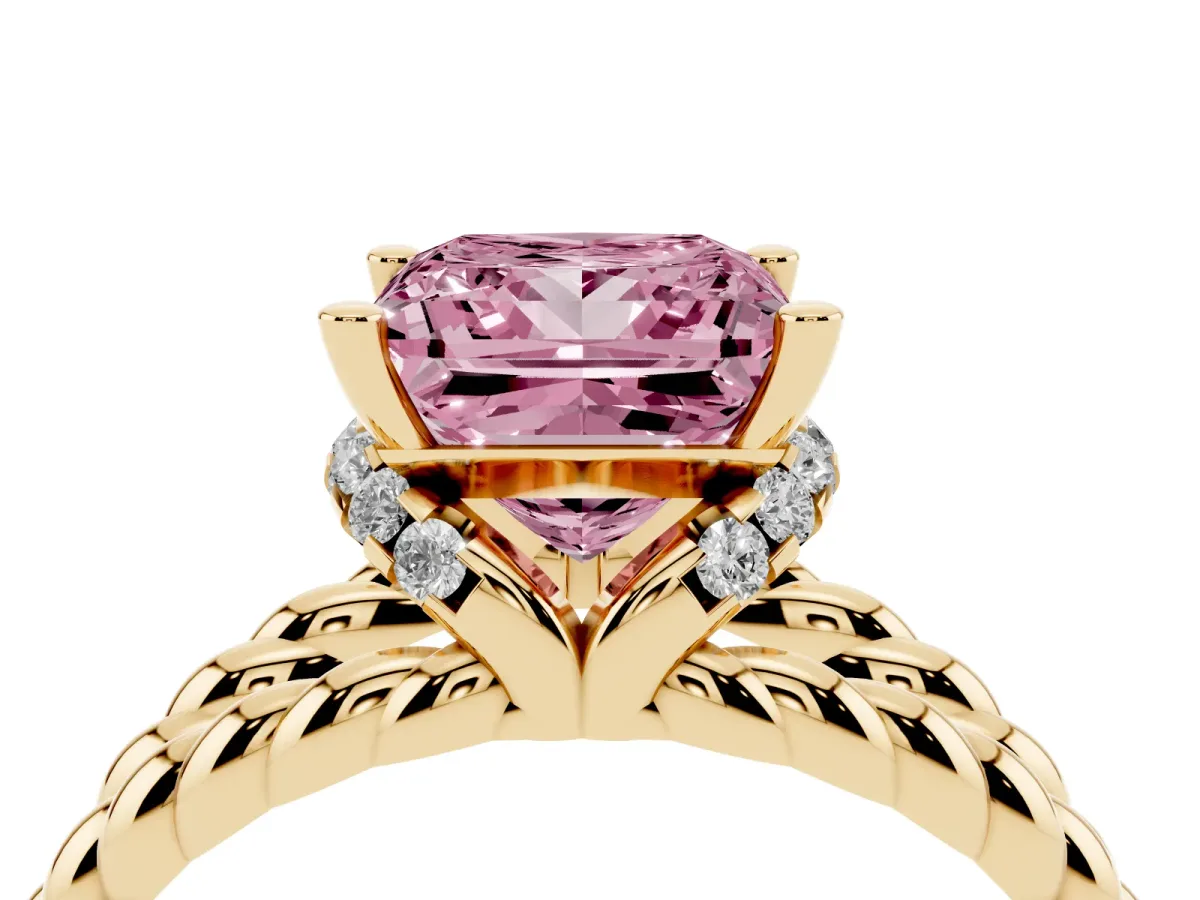 Fancy Pink Princess Cut Halo Twisted Band Four-Prong Ring Yellow gold