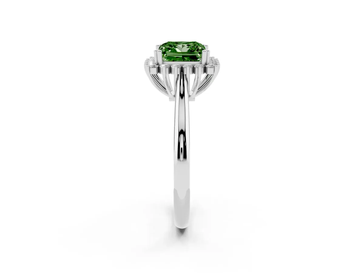 Fancy Green Princess Cut Cut Diamond Halo Ring with Solitaire Band and Prong Setting Silver