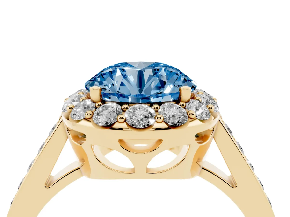 Fancy Blue Round Cut Diamond Floral Halo Ring with Pavé Band and Prong Setting Yellow gold