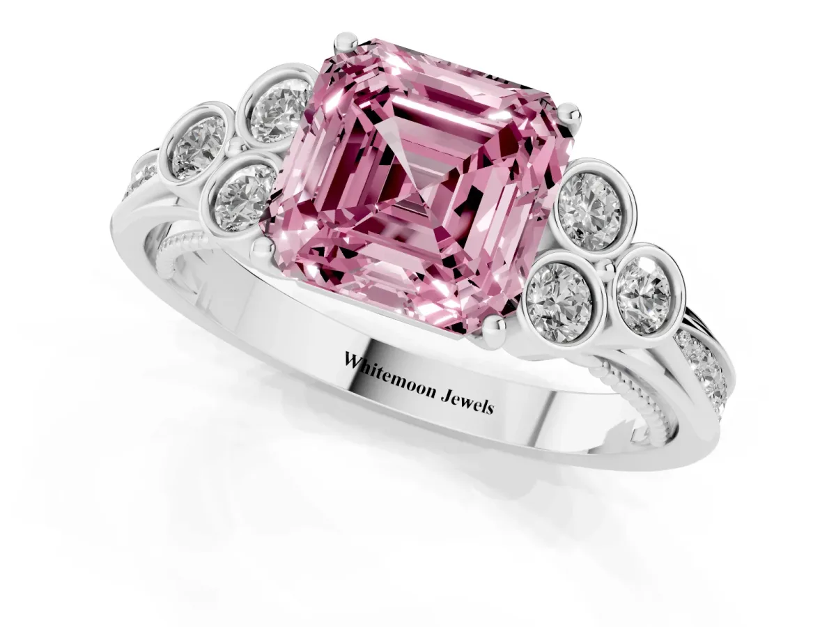 Fancy Pink Asscher Cut Cut Diamond Engagement Ring with Bezel Set Round Side Stones and Prong Setting Platinum