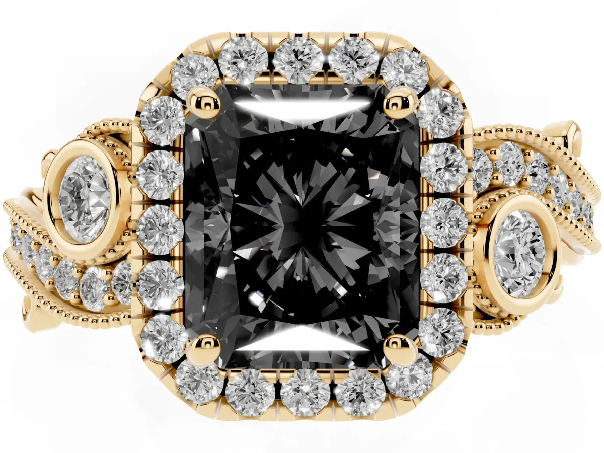 Fancy Black Radiant Cut Halo Diamond Ring with Milgrain and Bezel Accents on a Split Shank Band Yellow gold