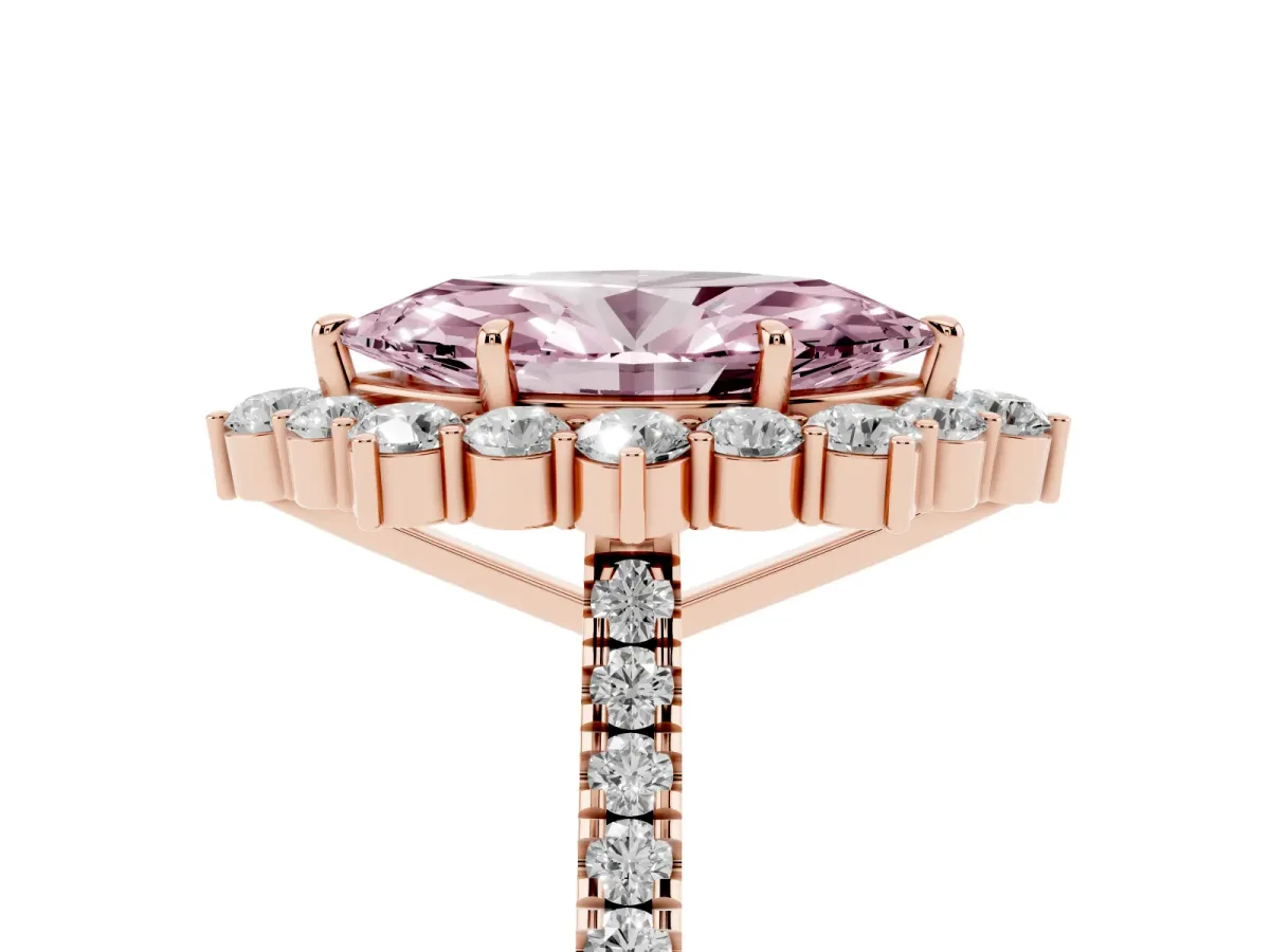 Fancy Pink Marquise Cut Halo Diamond Ring with Pavé Band and Prong Setting Rose gold