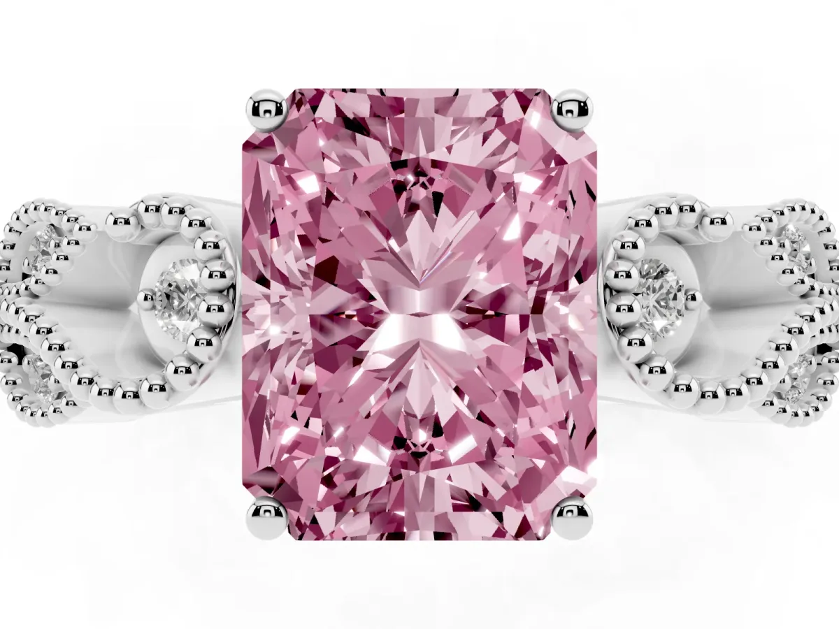 Fancy Pink Radiant Cut Solitaire Milgrain Leaf Band with Prong Setting Platinum