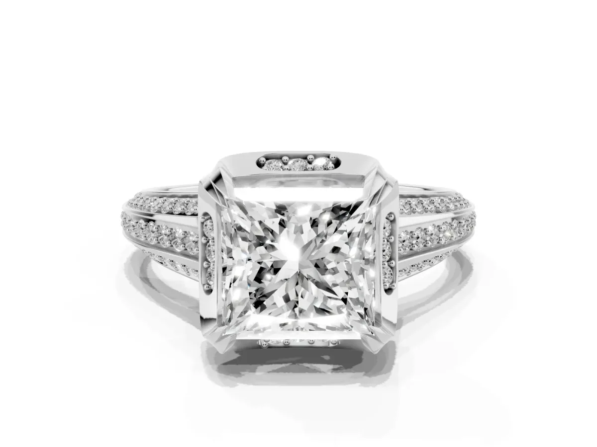 Princess Cut Solitaire Pave Split Shank Ring with Four-Prong Setting Platinum