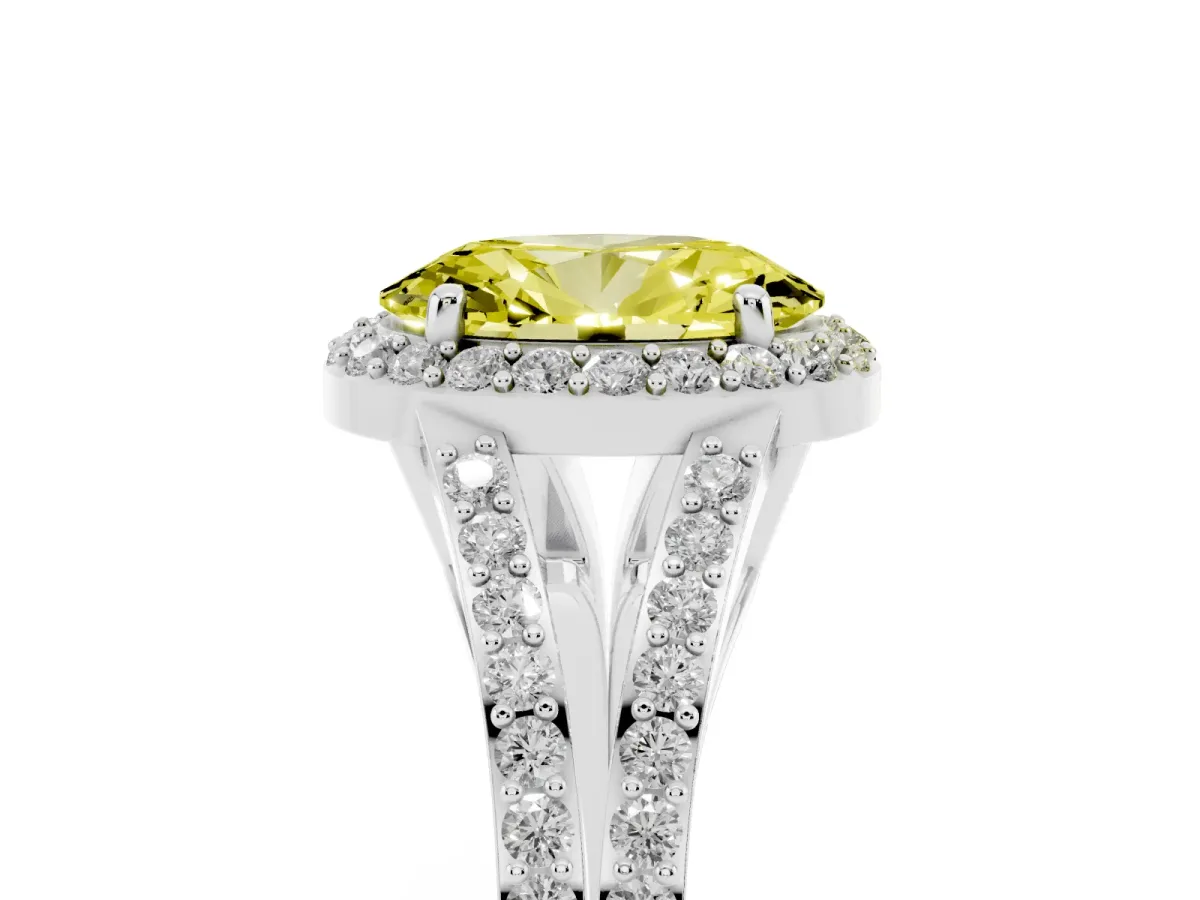 Fancy Yellow Oval Cut Halo Split Shank Pave Diamond Ring with Four-Prong Setting Platinum