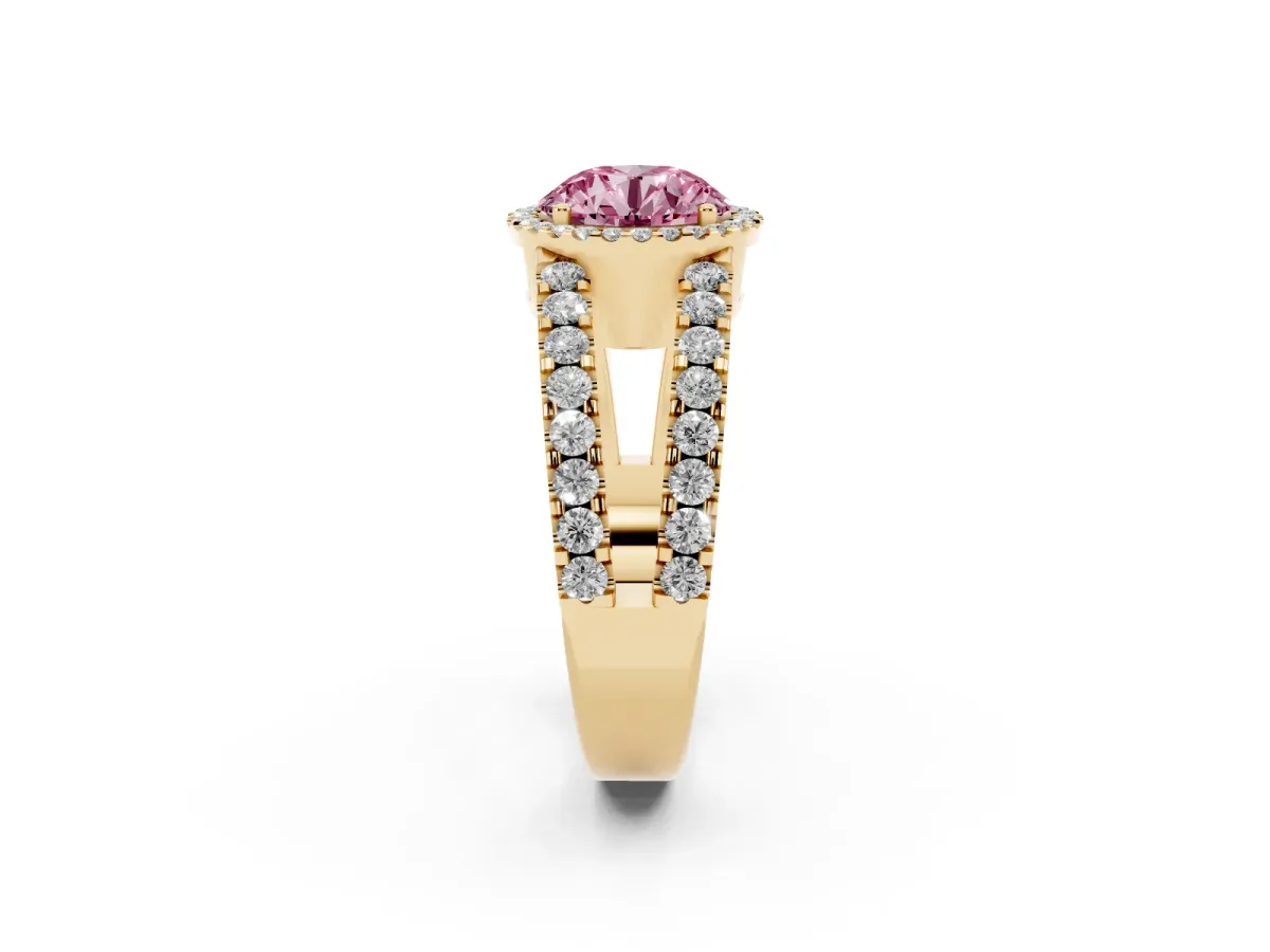 Fancy Pink Round Cut Cut Halo Split Shank Diamond Ring with Four-Prong Setting Yellow gold