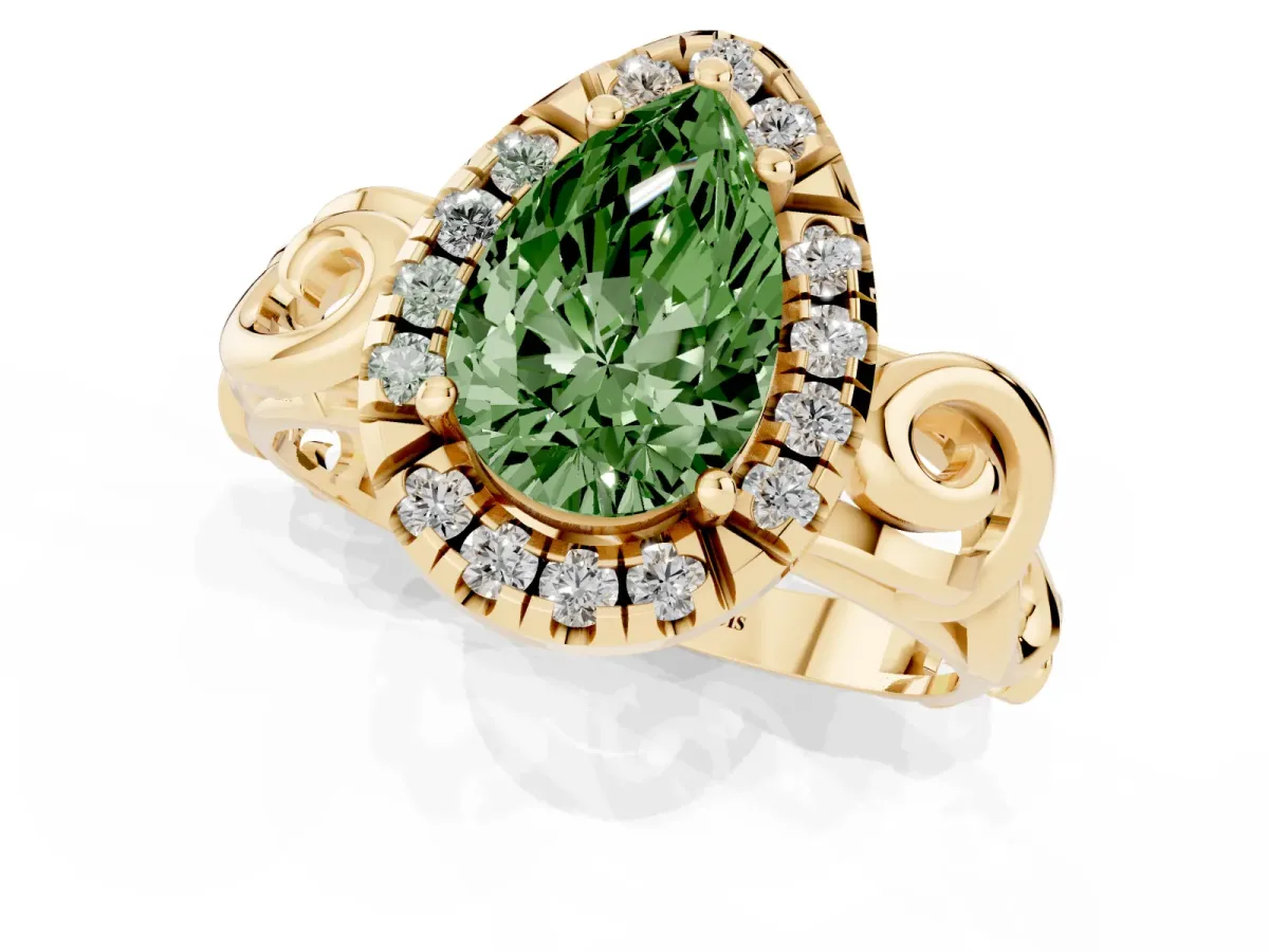 Fancy Green Pear Cut Cut Halo Diamond Ring with Scrollwork Band and Four-Prong Setting Yellow gold