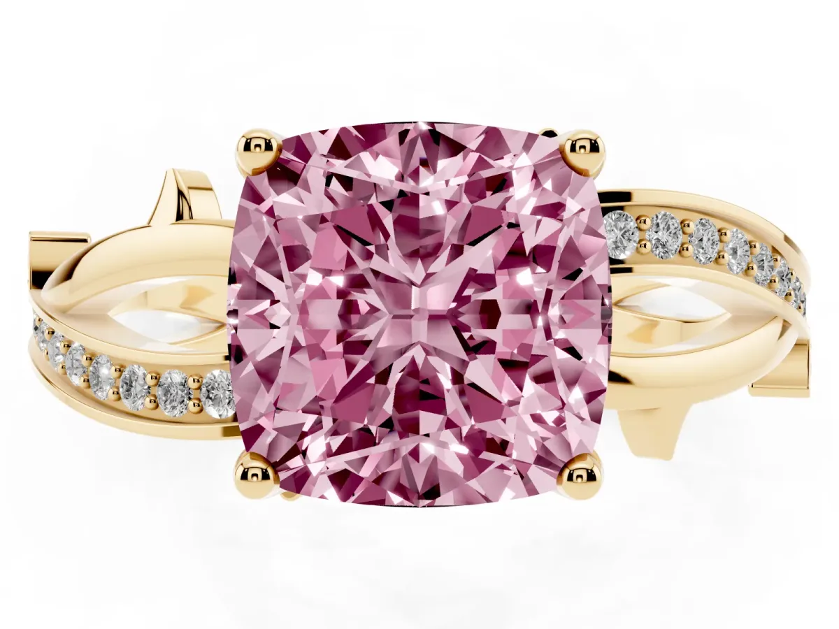 Fancy Pink Cushion Cut Solitaire Twist Band with Pavé Accents and Four-Prong Setting Yellow gold