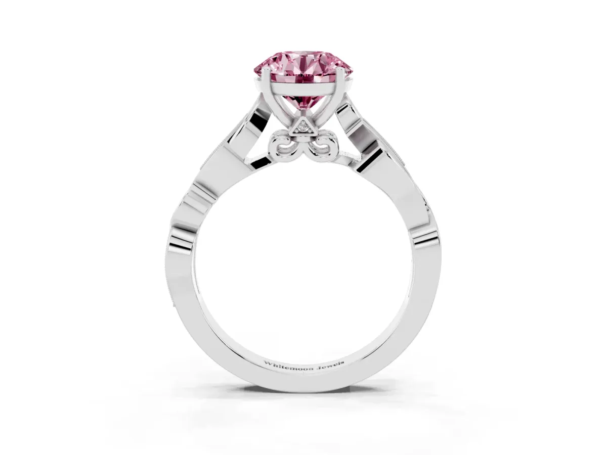 Fancy Pink Round Cut Solitaire Vine Band with Milgrain Prong Setting Silver