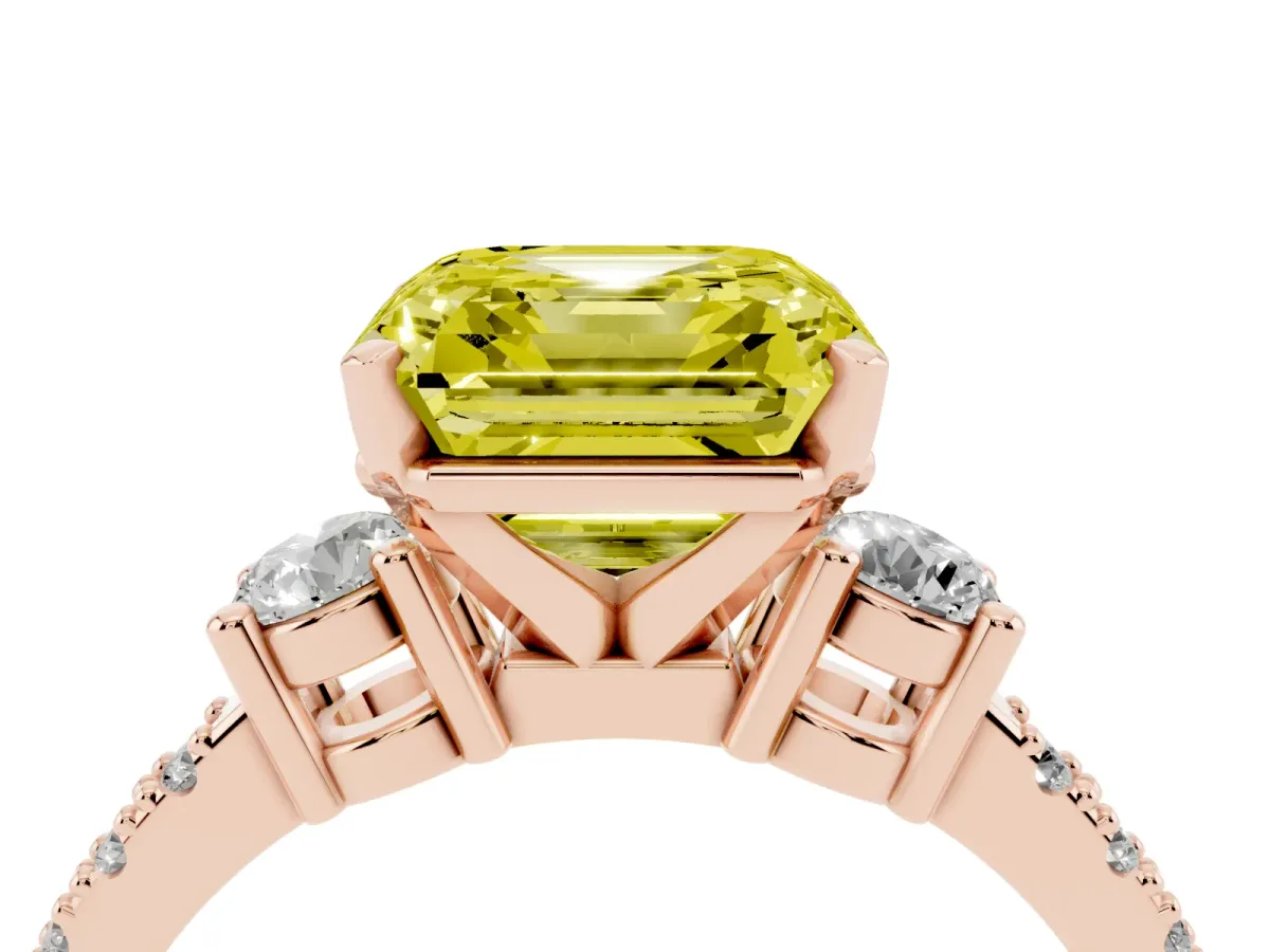 Fancy Yellow Asscher Cut Three-Stone Diamond Pavé Band with Prong Setting Rose gold
