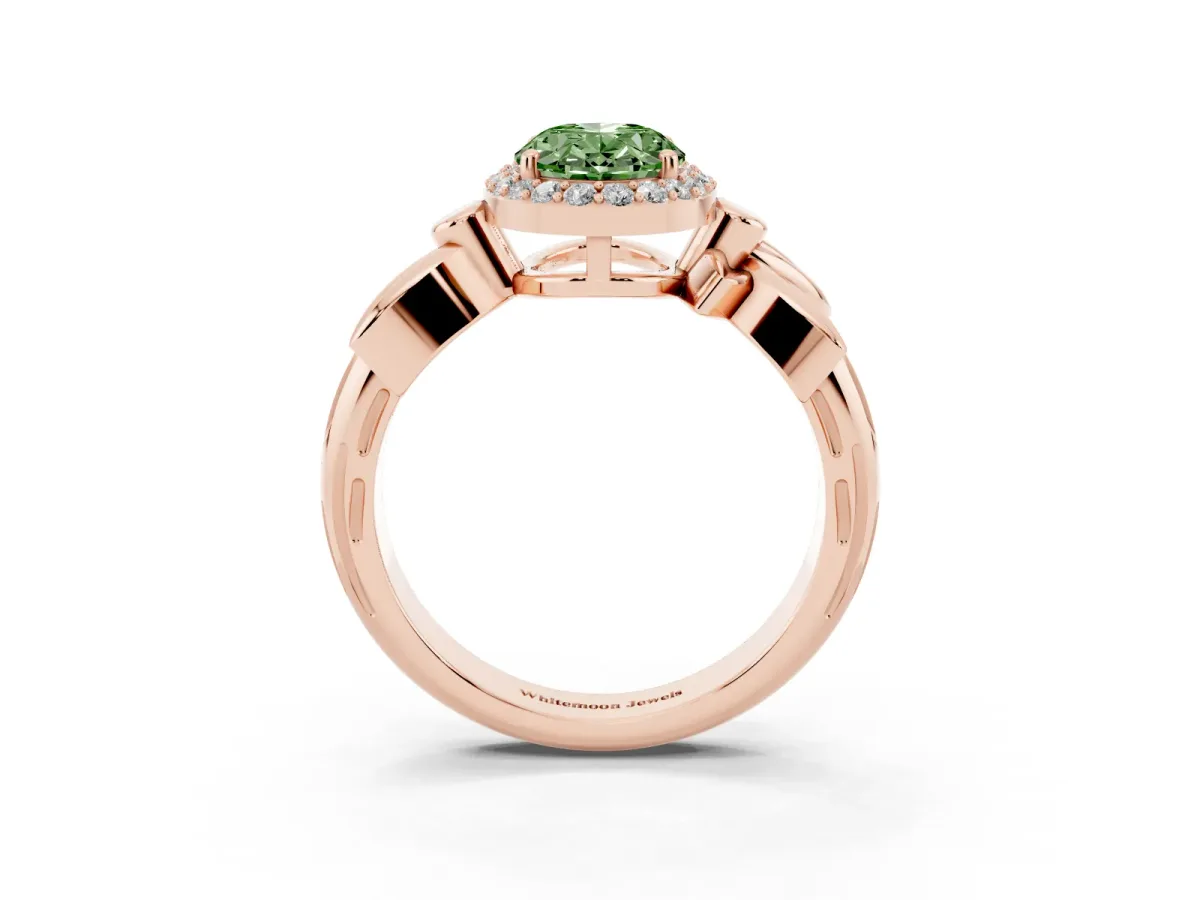 Fancy Green Oval Cut Halo Diamond Floral Band with Four-Prong Setting Rose gold