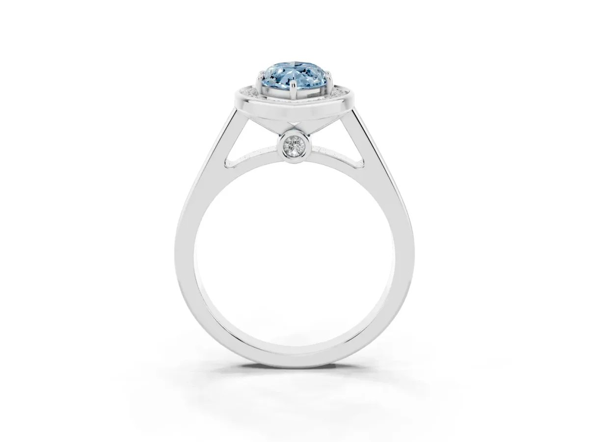 Fancy Blue Marquise Cut Halo Solitaire Diamond Ring with Pave Band and Bezel Setting Silver