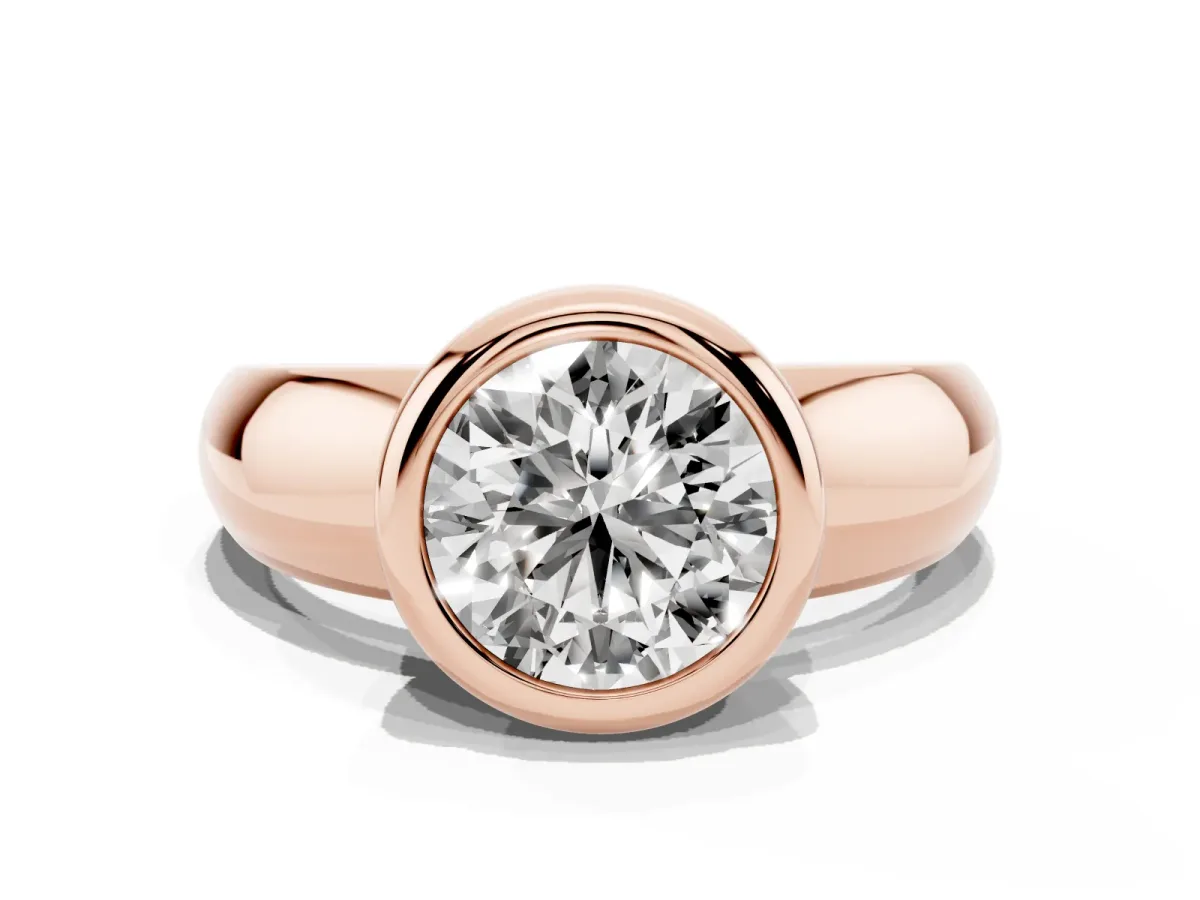 Bezel Set Round Cut Solitaire Ring with Wide Band Rose gold