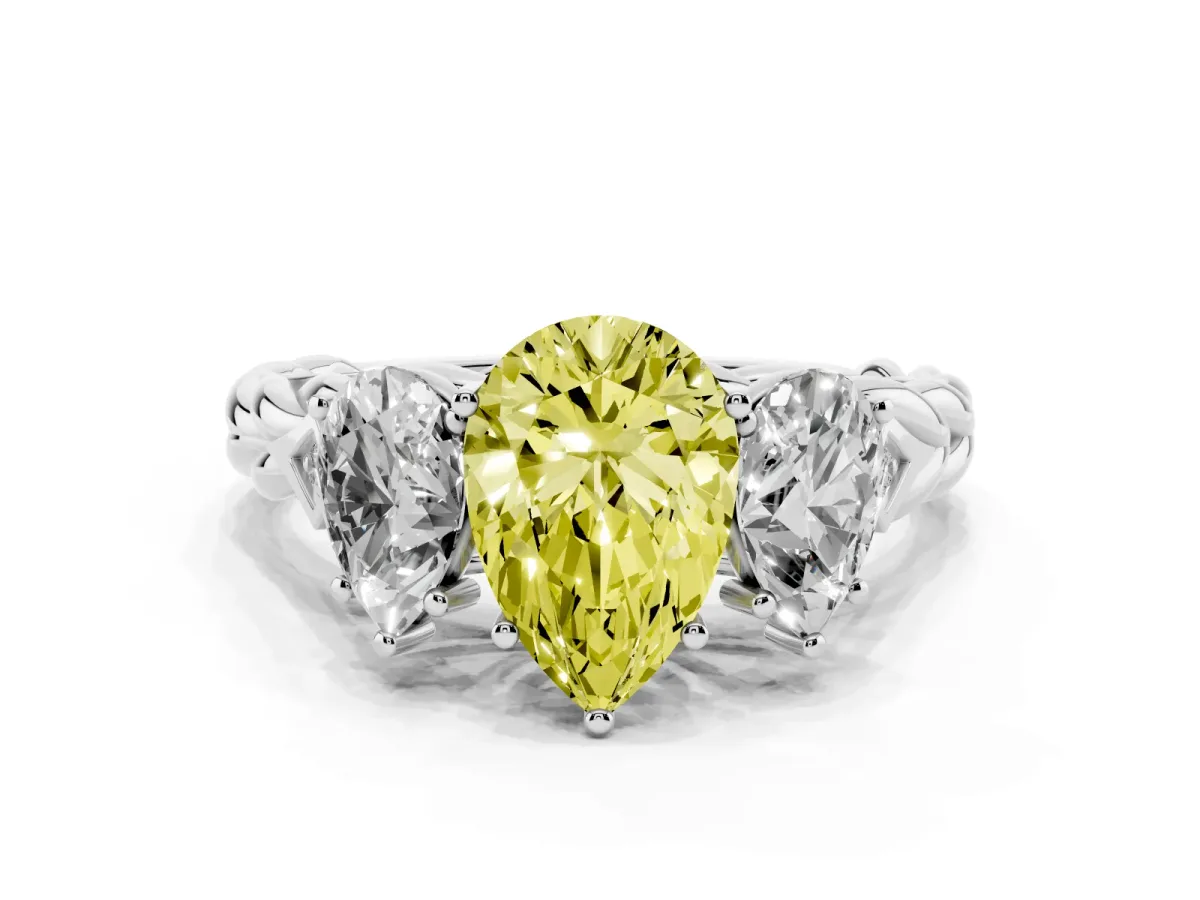 Fancy Yellow Three-Stone Pear Cut Diamond Braided Band Ring with Four-Prong Setting Silver