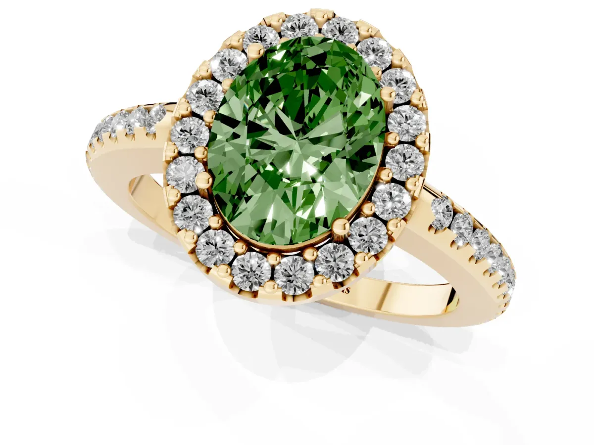 Fancy Green Oval Cut Diamond Pavé Halo Ring with Four-Prong Setting Yellow gold