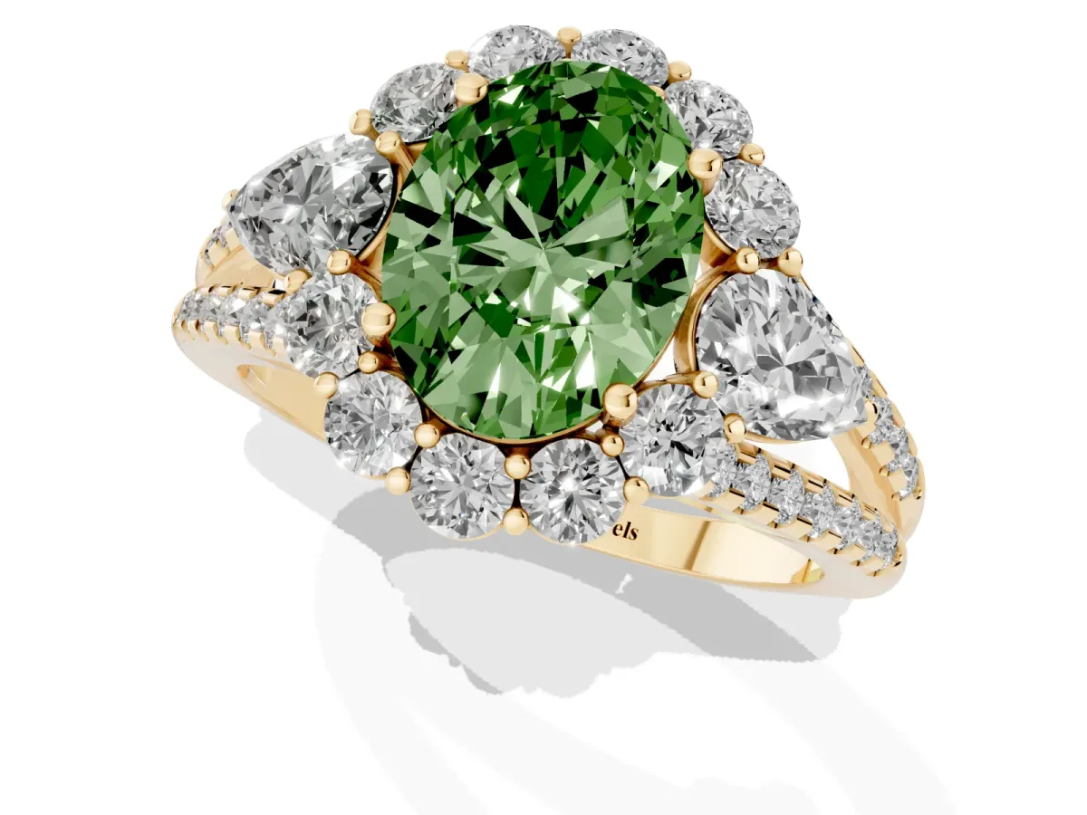 Fancy Green Oval Cut Halo Split Shank Diamond Engagement Ring with Prong Setting Yellow gold