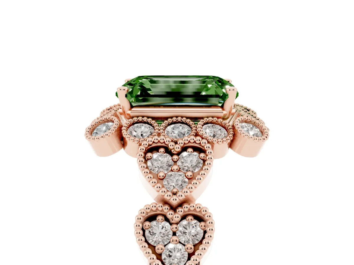 Fancy Green Emerald Cut Brilliant Milgrain Pave Heart Band Solitaire Ring Rose gold
