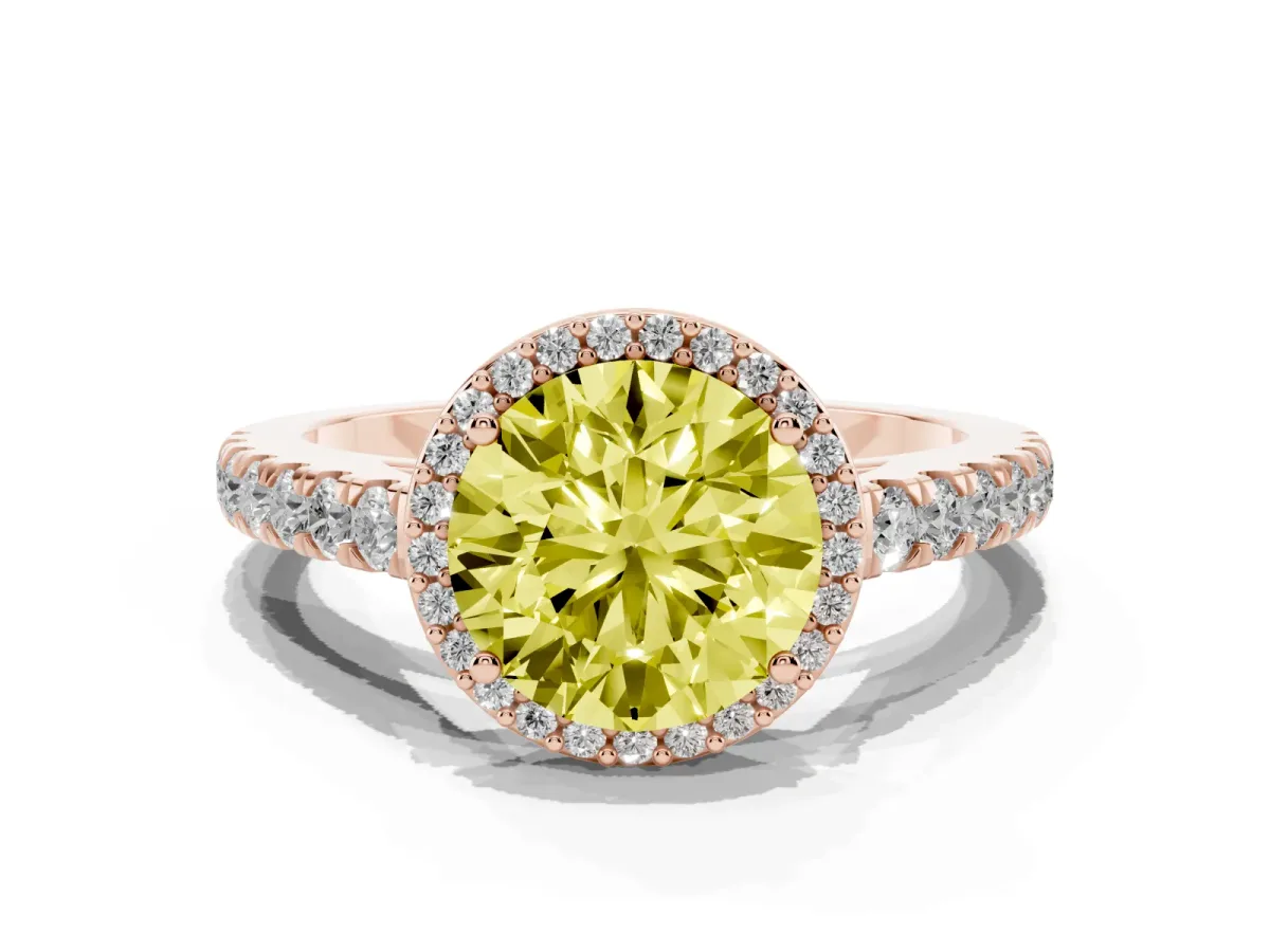 Fancy Yellow Round Cut Cut Halo Diamond Engagement Ring with Pave Band and Four-Prong Setting Rose gold