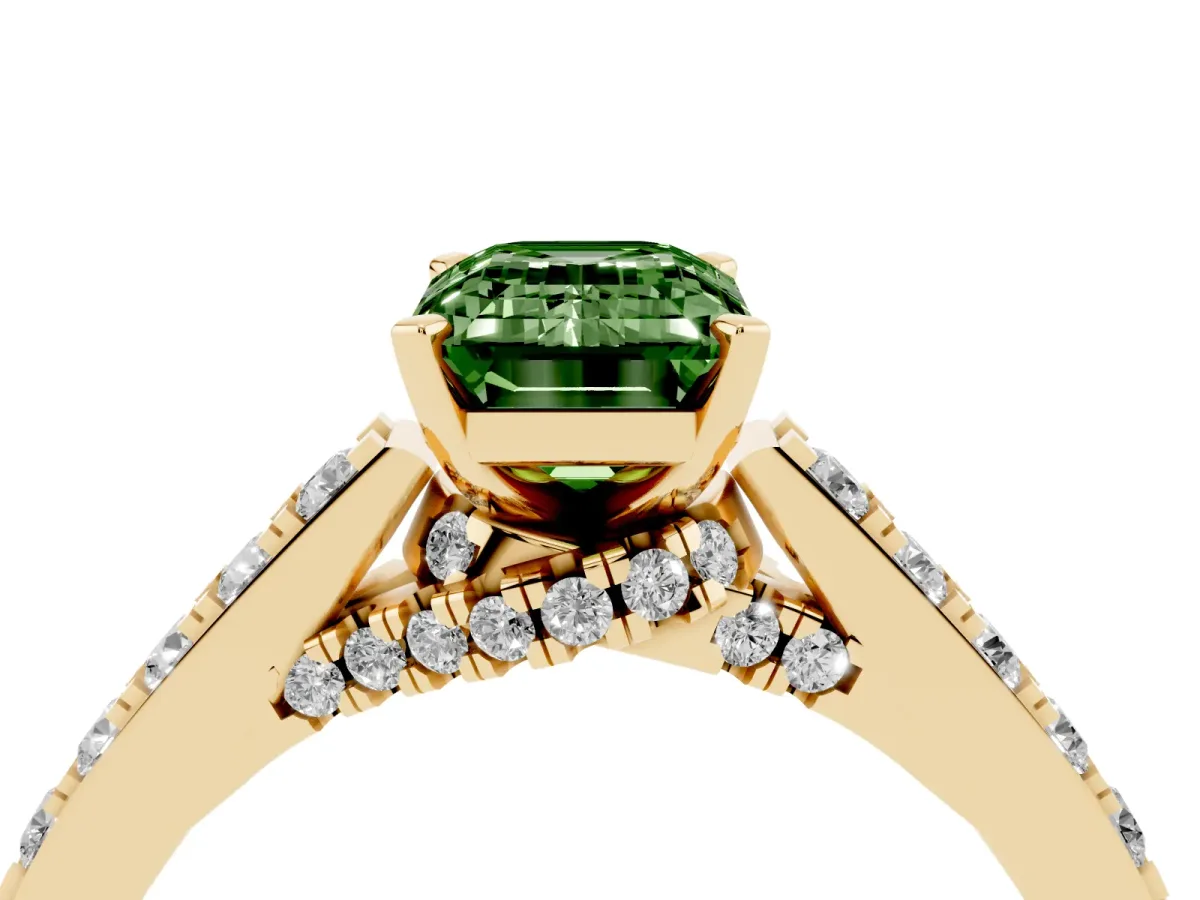 Fancy Green Emerald Cut Diamond Solitaire Ring with Crossover Gallery and Round Pavé Band Yellow gold