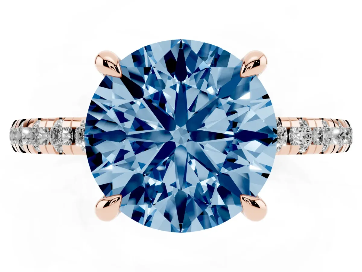 Fancy Blue Round Cut Diamond Brilliant Solitaire Ring with Pavé Band and Four-Prong Setting Rose gold