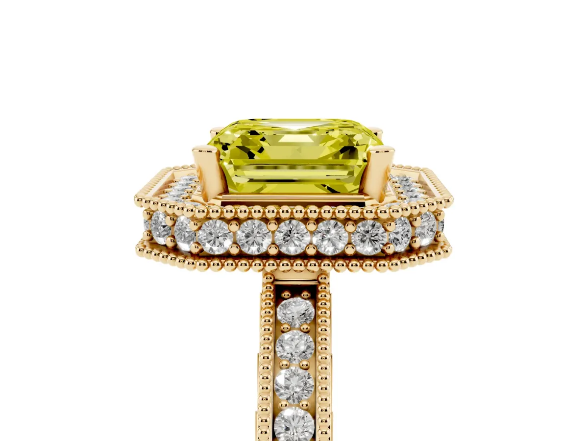 Fancy Yellow Asscher Cut Diamond Milgrain Halo Engagement Ring with Round Pavé Band and Prong Setting Yellow gold