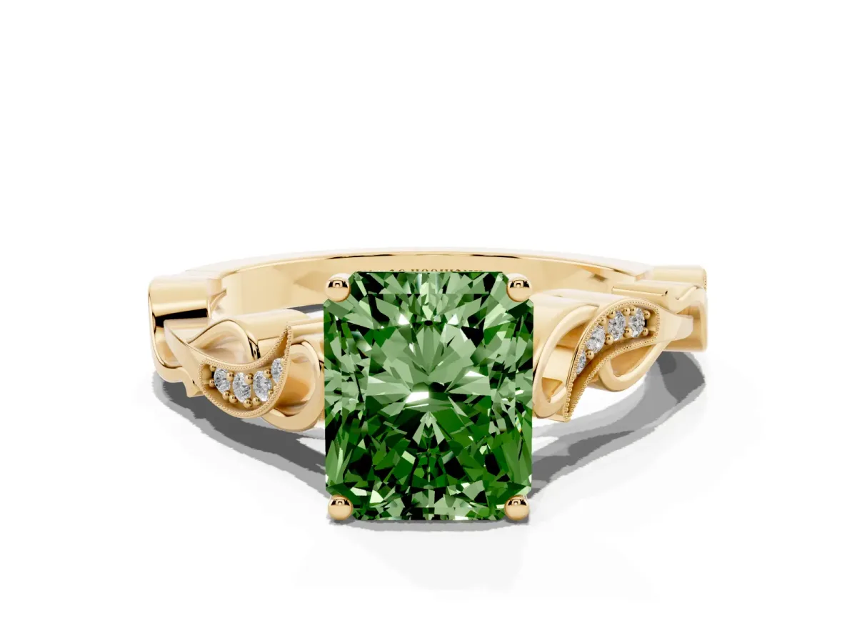 Fancy Green Radiant Cut Solitaire Vine Band with Milgrain Prong Setting Yellow gold
