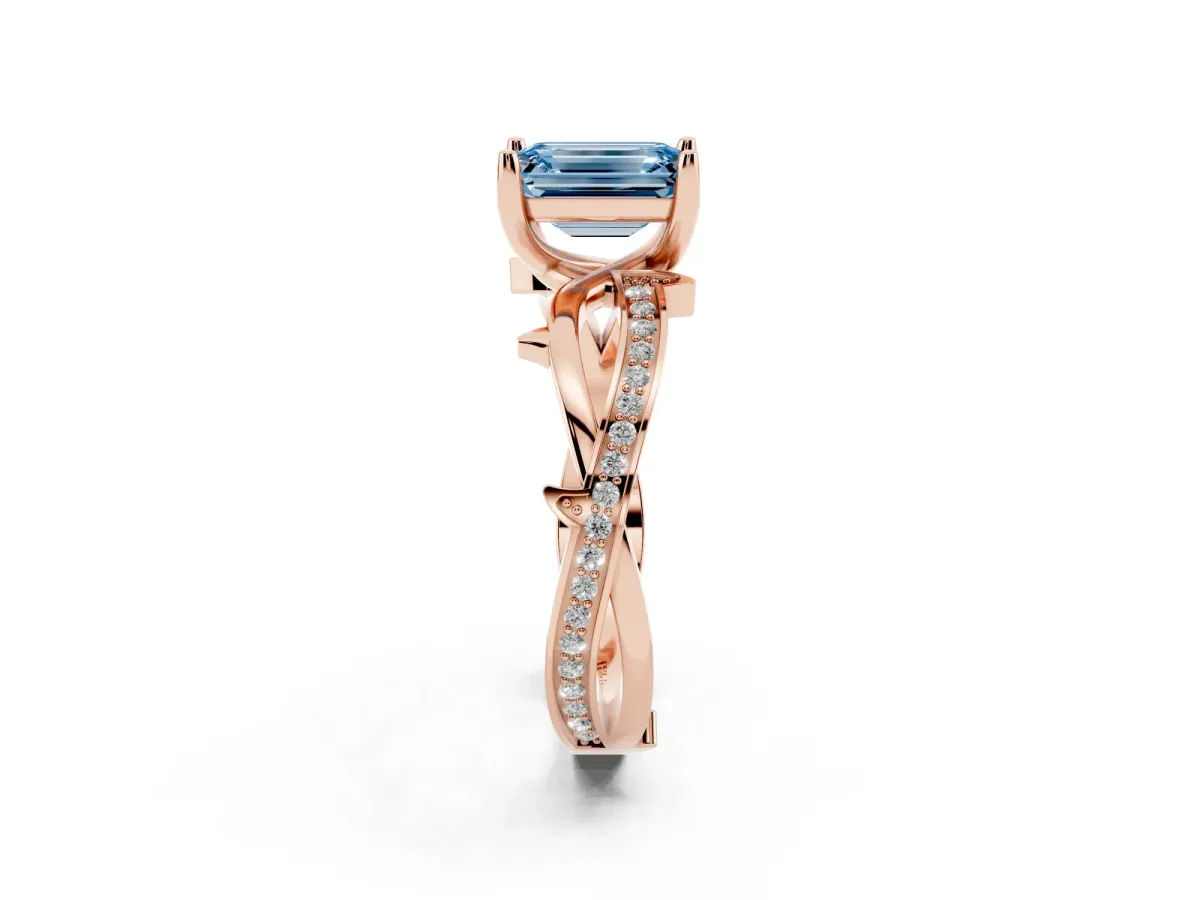 Fancy Blue Emerald Cut Solitaire Twist Band with Pavé Accents and Four-Prong Setting Rose gold