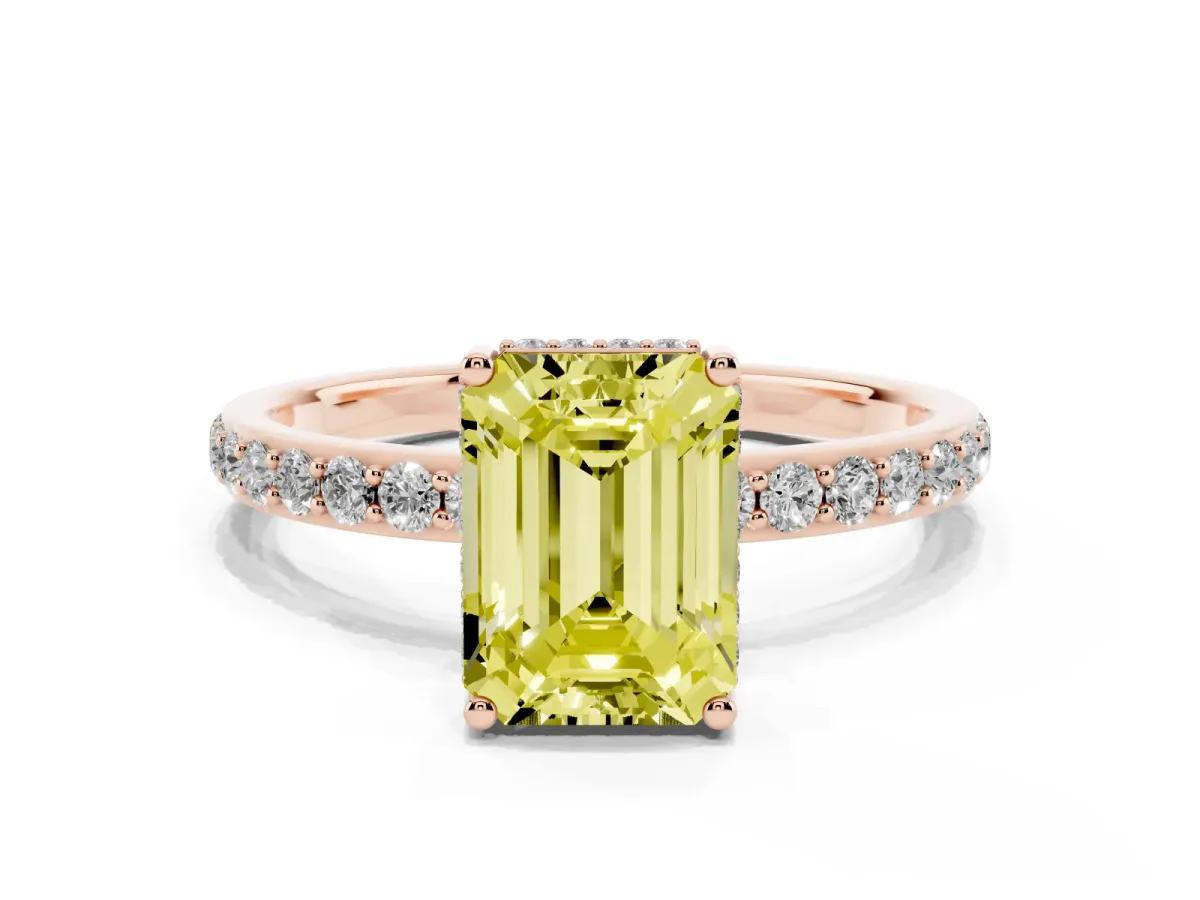 Fancy Yellow Emerald Cut Diamond Solitaire Ring with Pavé Band and Hidden Halo Rose gold