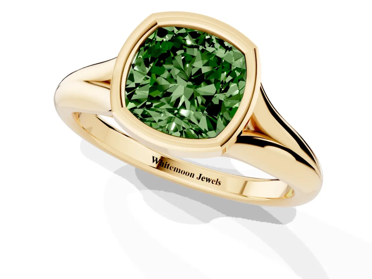 Fancy Green Bezel Set Cushion Cut Solitaire Diamond Ring with Smooth Band Yellow gold