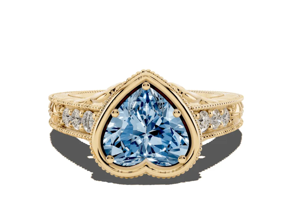 Fancy Blue Bezel Set Heart Cut Diamond Milgrain Pave Engagement Ring Yellow gold