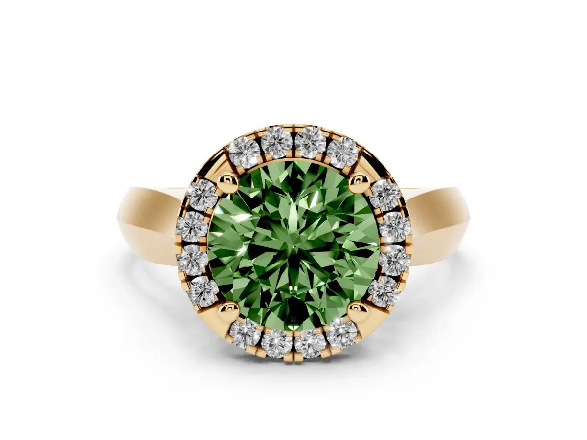 Fancy Green Round Cut Cut Halo Solitaire Engagement Ring with Square Band and Four-Prong Setting Yellow gold