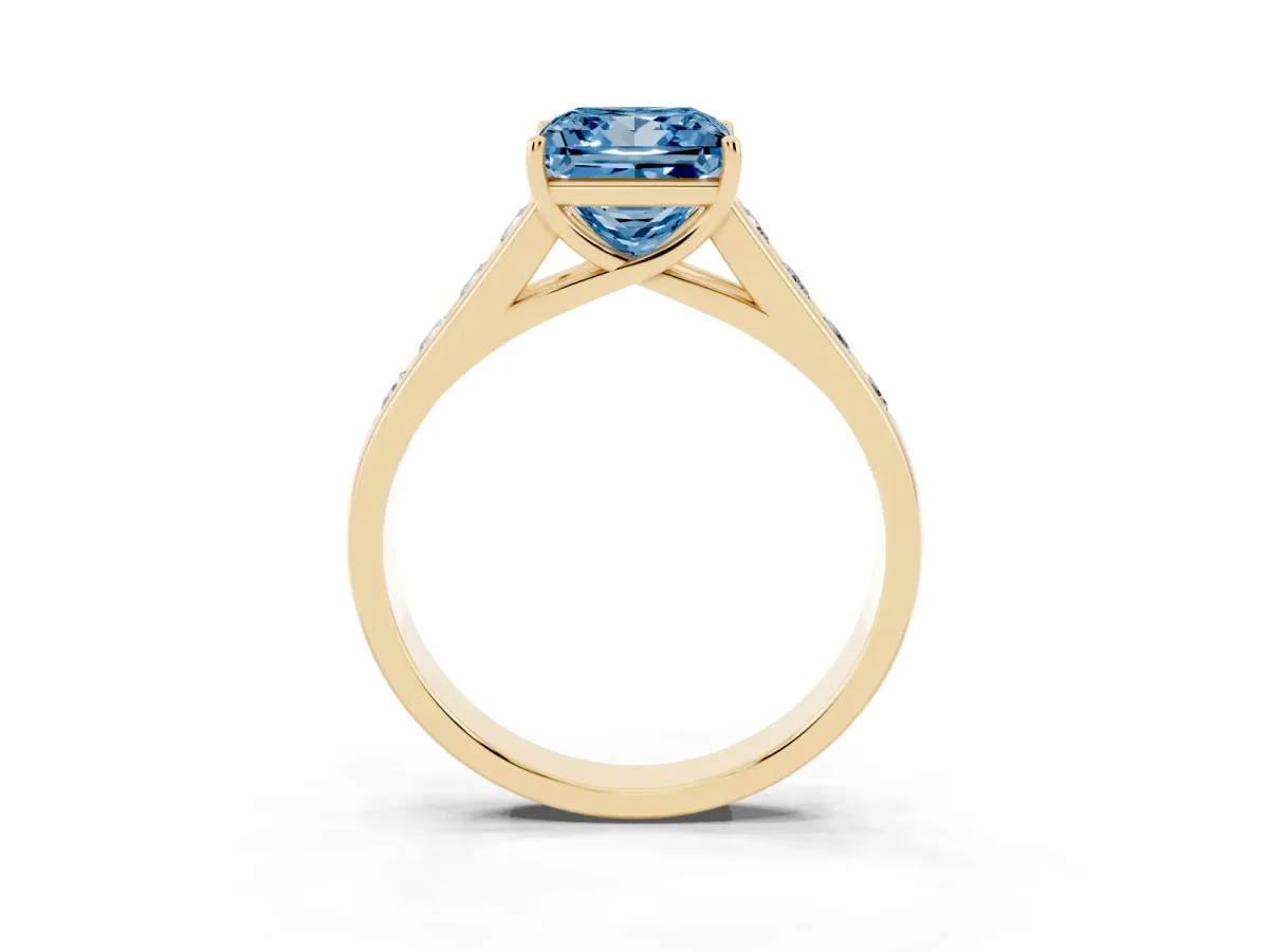 Fancy Blue Princess Cut Solitaire Channel-Set Diamond Engagement Ring with Four-Prong Setting Yellow gold